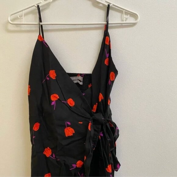 UO Quebec Black Floral Linen Side-Tie Midi Wrap Dress S - Picture 6 of 11